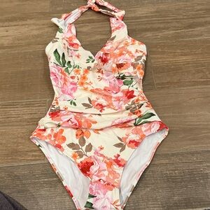 Floral Halter One-Piece Kids Swimsuit - Pink & Orange
